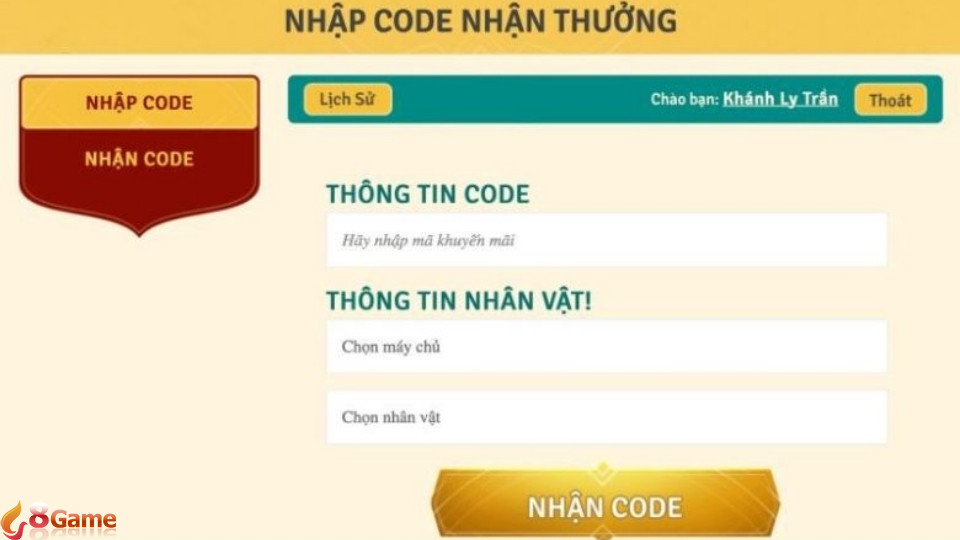 Nhập code, thông tin nhân vật và nhấn Nhận code