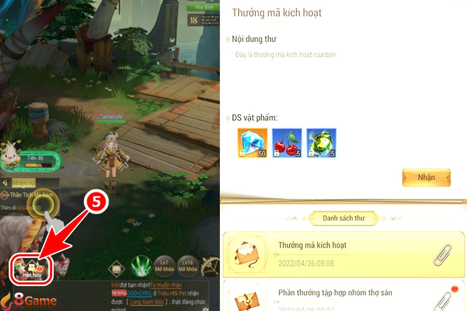 Nhấn vào nút Nhận quà thêm một lần nữa để kiểm tra, nhận quà và sử dụng những phần thưởng từ mã code theo ý muốn qua hệ thống Hảo hữu.