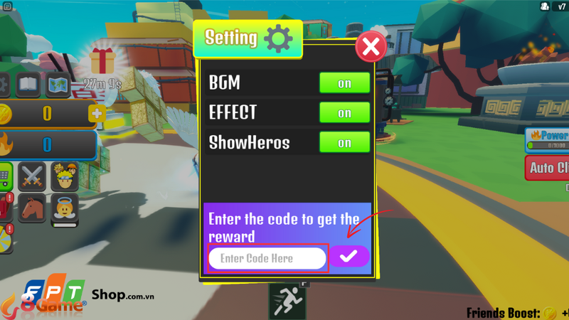 Nhập code vào ô "Enter Code Here"