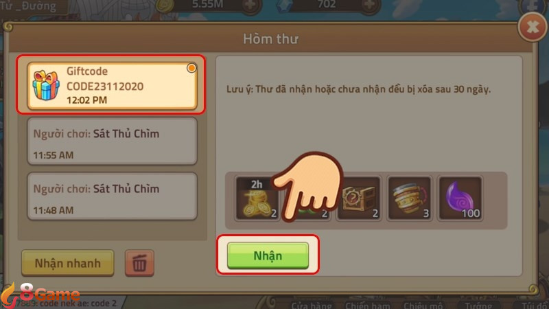 Nhấn vào mục Thư để nhận quà