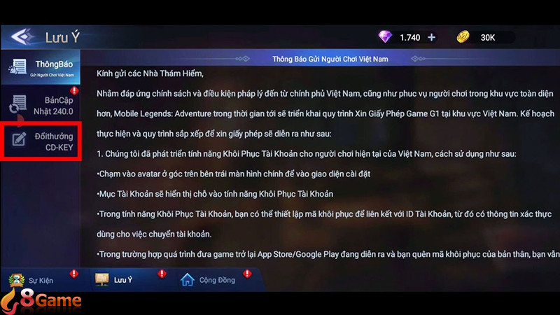 Chọn Đổi thưởng CD Key