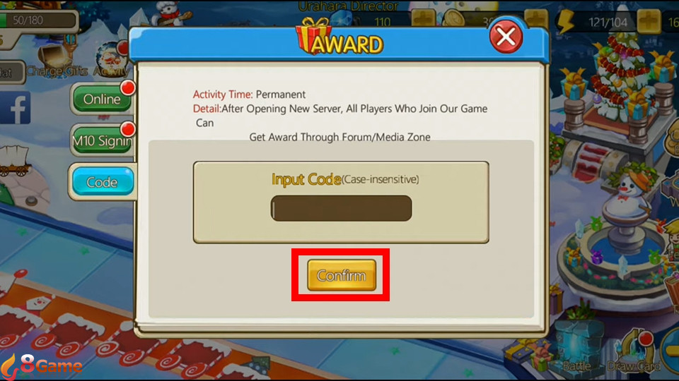 Nhập code sau đó nhấn “Confirm”