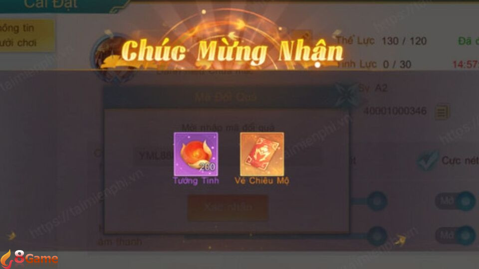 Khi nhập code thành công phần thưởng sẽ hiển thị