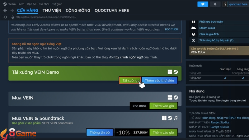 Nhấn vào Tải xuống tại mục Tải xuống VEIN Demo để bắt đầu tải và trải nghiệm phiên bản demo
