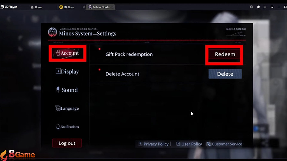 Lần lượt chọn Account rồi sau đó nhấn Redeem
