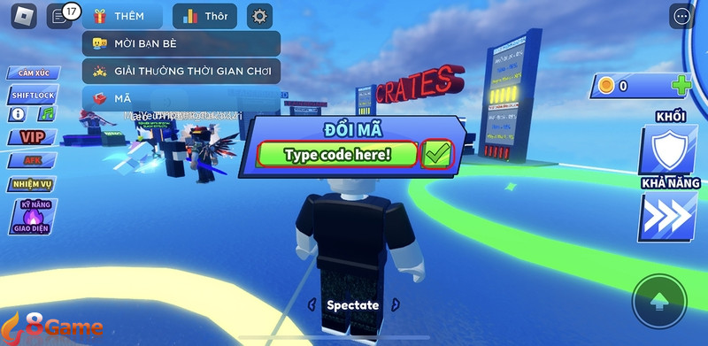 Tiến hành nhập mã trong game Blade Ball