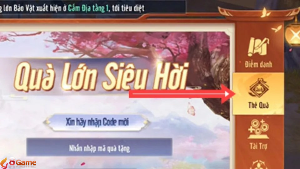 Vào Thẻ Quà, nhập code và nhấn Nhận