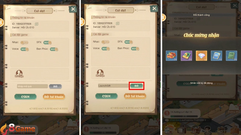 Nhấn "Đổi" để nhận vật phẩm