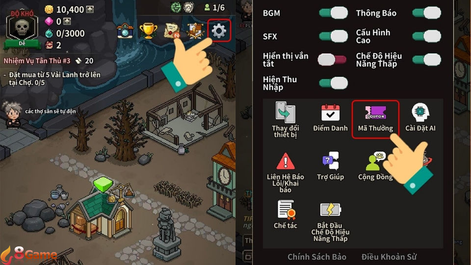 Nhấn cài đặt và chọn mã thưởng