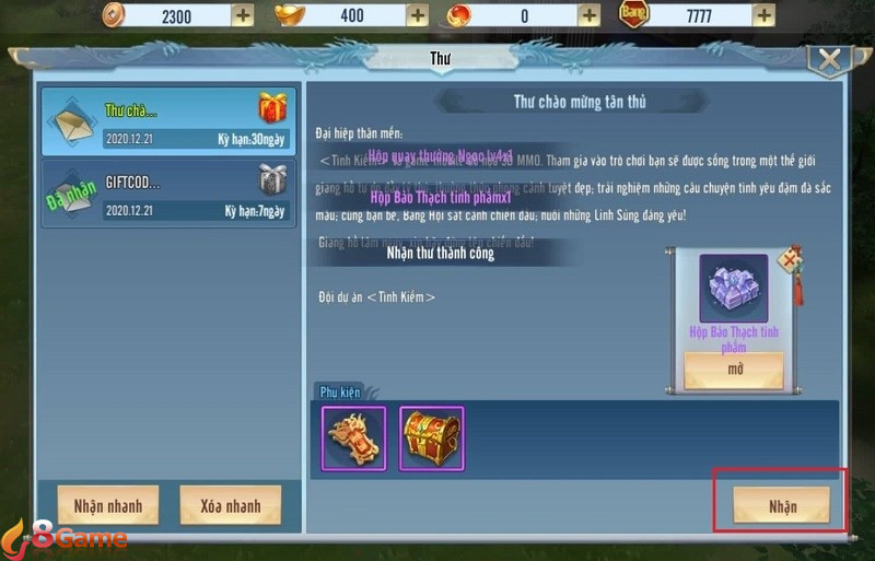 Nhận quà sau khi nhập code tình kiếm 3d