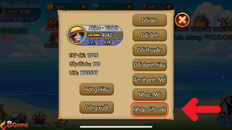 Chọn "Nhập Gifcode" để nhập mã