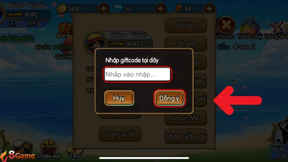 Nhập mã và nhấn đồng ý