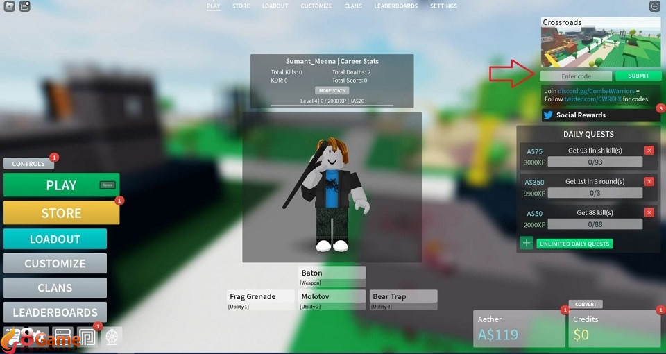 Hướng dẫn nhập code Combat Warriors bước 2