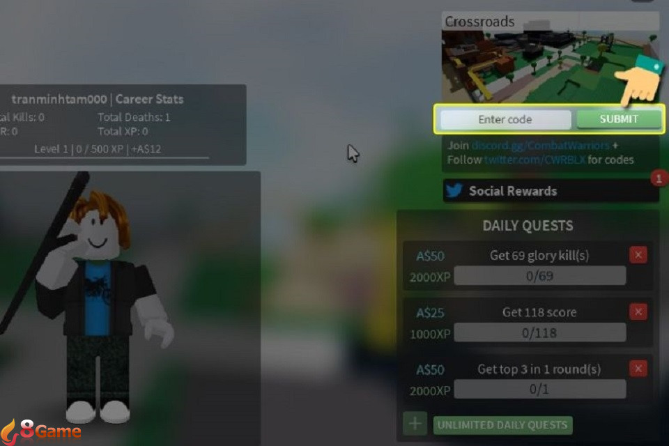 Hướng dẫn nhập code Combat Warriors bước 3